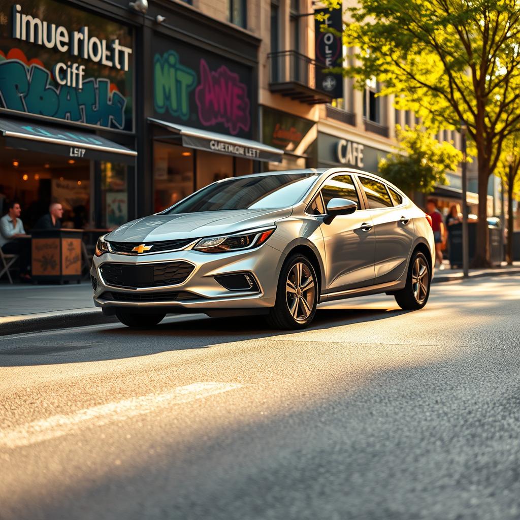 A sleek Chevrolet Agile LTZ in a modern urban environment, showcasing its distinct features such as the stylish front grille and alloy wheels
