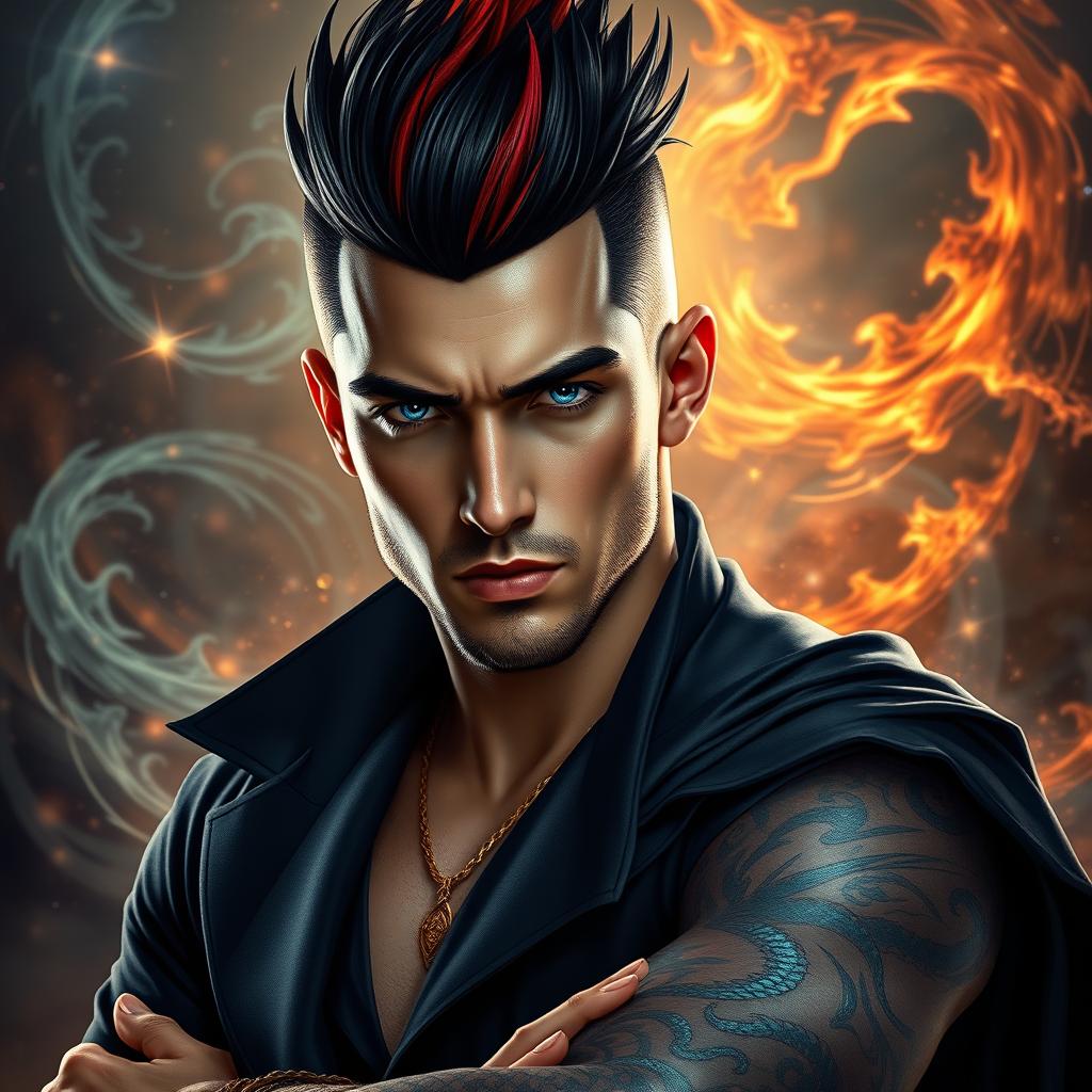 A male human sorcerer, approximately 35 years old, showcasing his draconic bloodline with a powerful and commanding presence