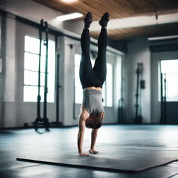 A strong and balanced athlete performing a one-handed handstand in a professional gym, under the watchful eyes of a skilled trainer