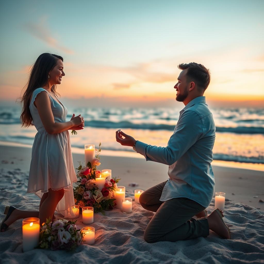 A beautifully arranged proposal scene in a romantic setting, featuring a couple in love at sunset on a secluded beach