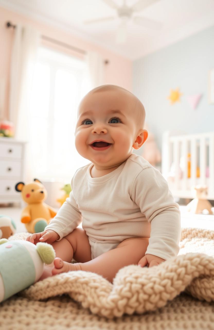 A cute and adorable baby sitting on a soft blanket in a sunny nursery, surrounded by colorful toys and plush animals, with a joyful expression on their face
