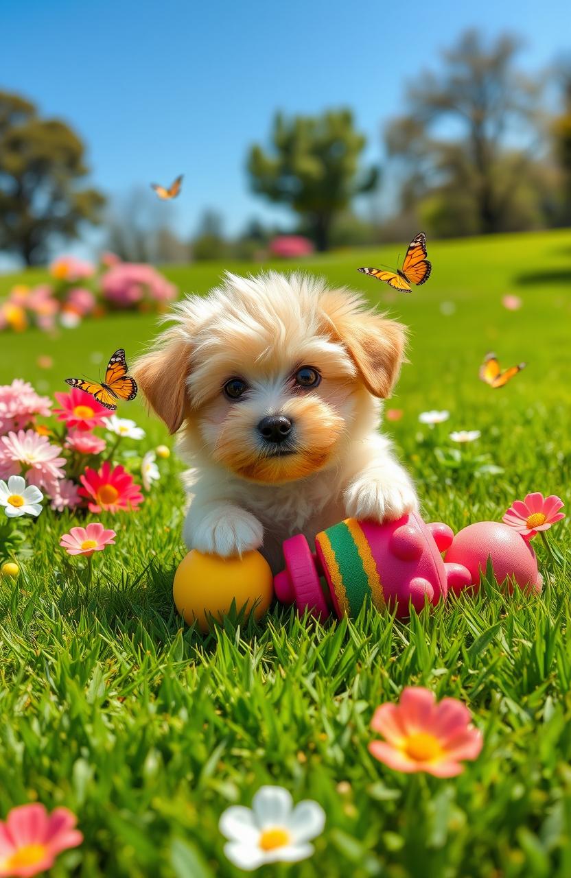 A delightful scene featuring a cute, fluffy puppy playing with colorful toys in a sunny park