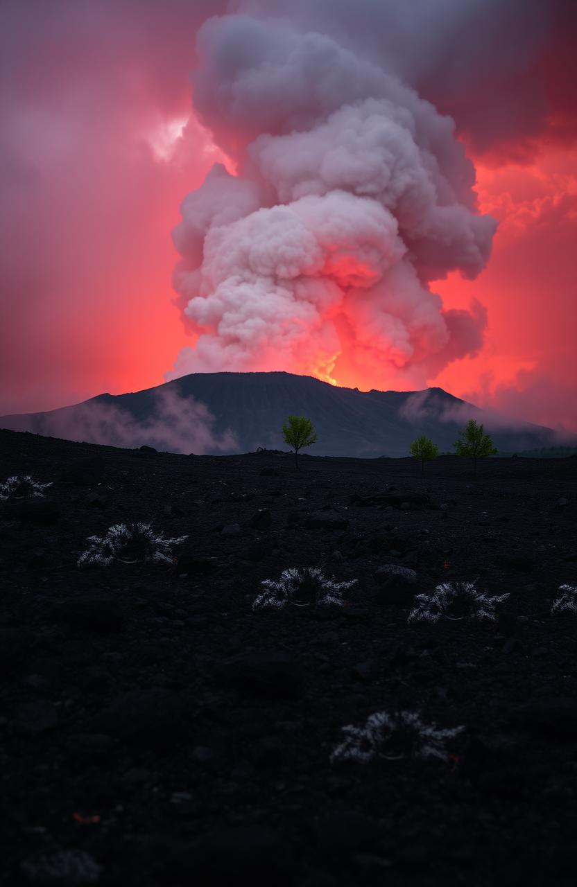 A dramatic landscape scene depicting a smoldering volcanic eruption, with ash clouds billowing into the sky
