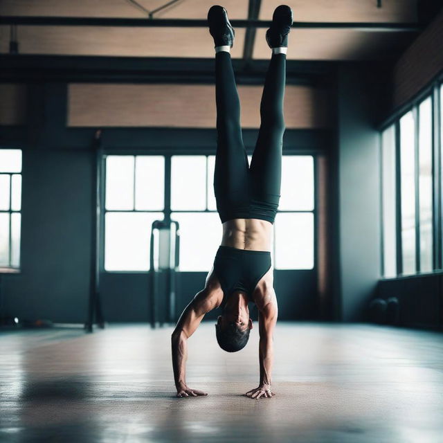 A strong and balanced athlete performing a one-handed handstand in a professional gym, under the watchful eyes of a skilled trainer