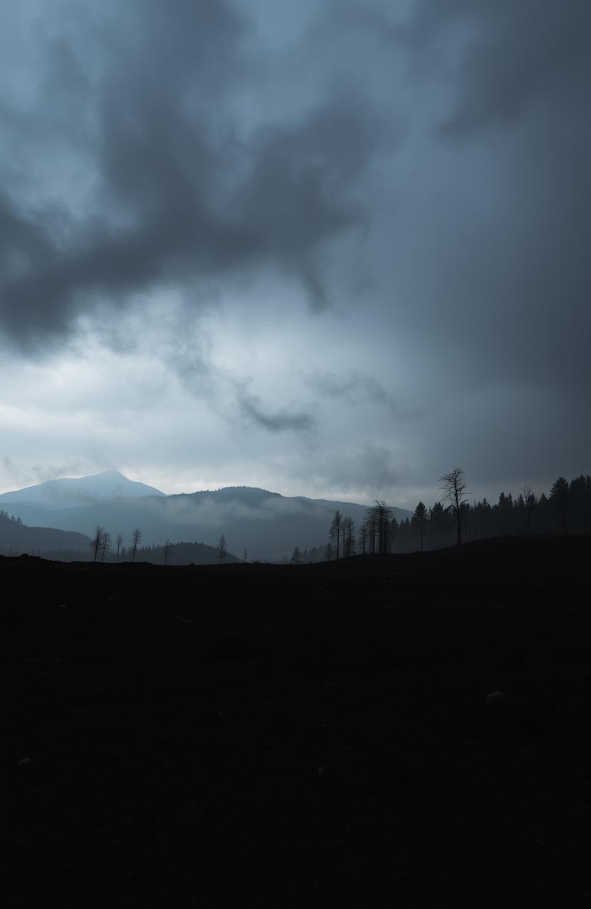 A moody and atmospheric landscape featuring dark ashes strewn across a desolate terrain, with swirling clouds of gray smoke in the sky