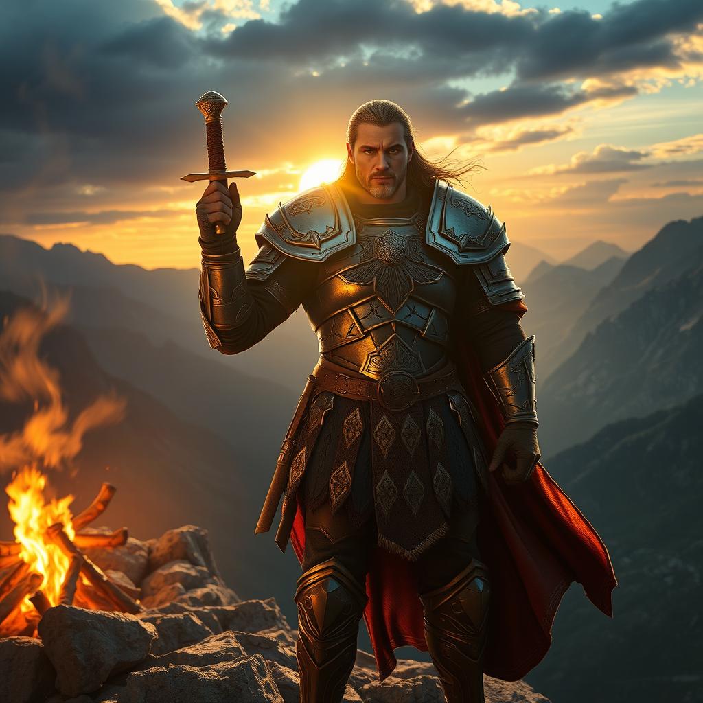 A high-definition, cinematic style image of a strong, heroic warrior character, wearing intricate armor that glimmers under the sunlight