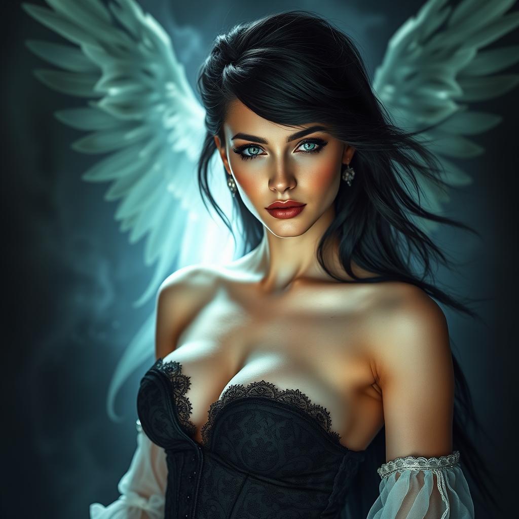 A beautiful young woman with long, flowing black hair styled in an elegant manner, wearing a revealing yet artistic outfit inspired by dark fantasy themes
