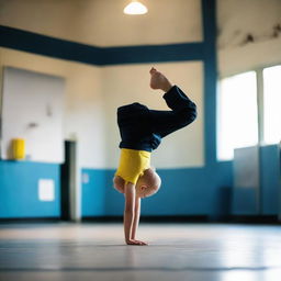 A young boy named Calister Youri passionately doing a one-handed handstand in a well-equipped gymnasium