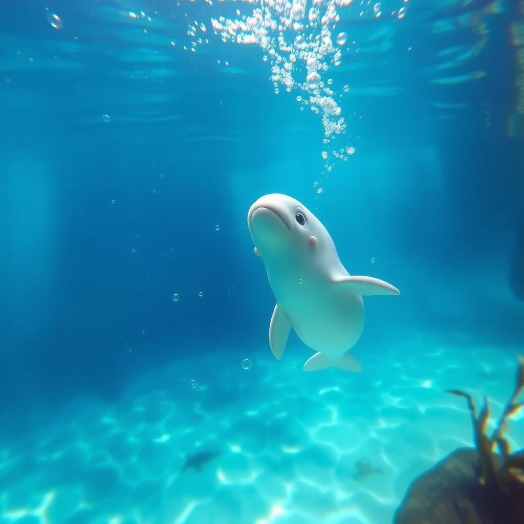 An enchanting underwater view featuring a small beluga calf gracefully swimming in the water, looking up towards the surface with curiosity