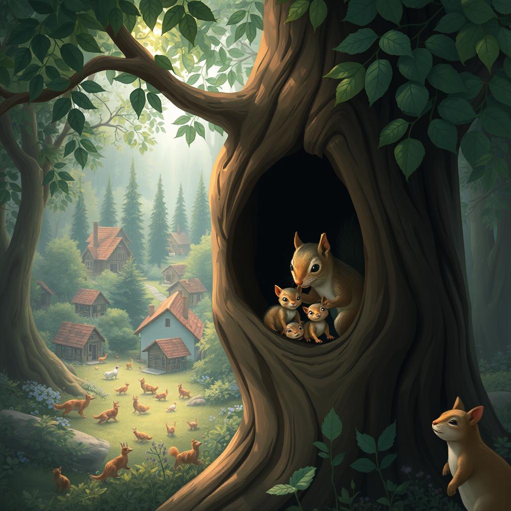 In a poignant scene set in a dense forest, a small hollow tree houses a mother squirrel and her three tiny babies