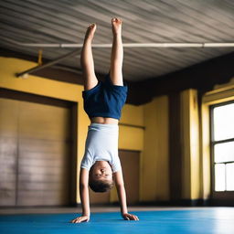 A young boy named Calister Youri passionately doing a one-handed handstand in a well-equipped gymnasium