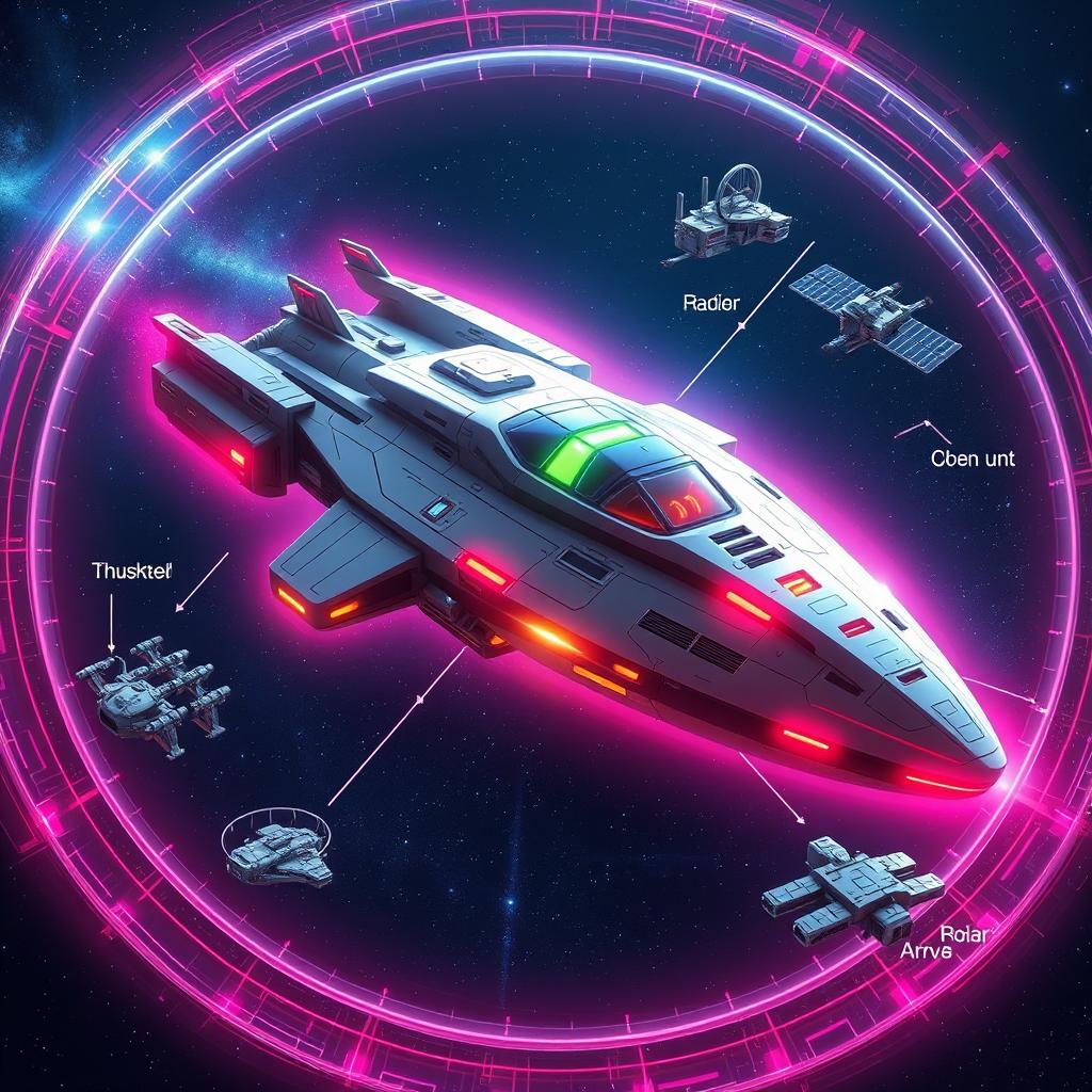 A futuristic spaceship encased in a shimmering forcefield, glowing with vibrant colors