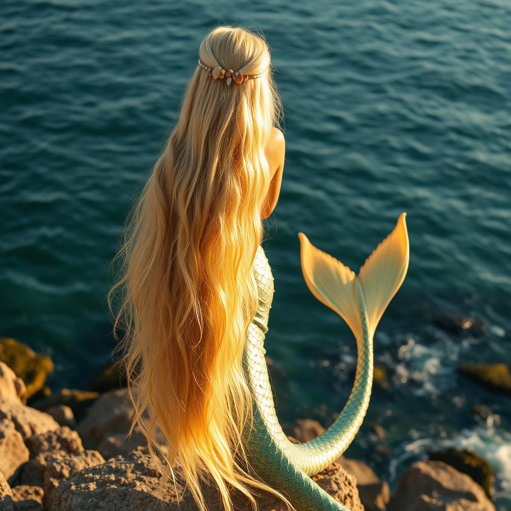 A stunning blonde siren standing on rocky cliffs overlooking a calm ocean, her long flowing hair cascading down her back, shimmering in the sunlight