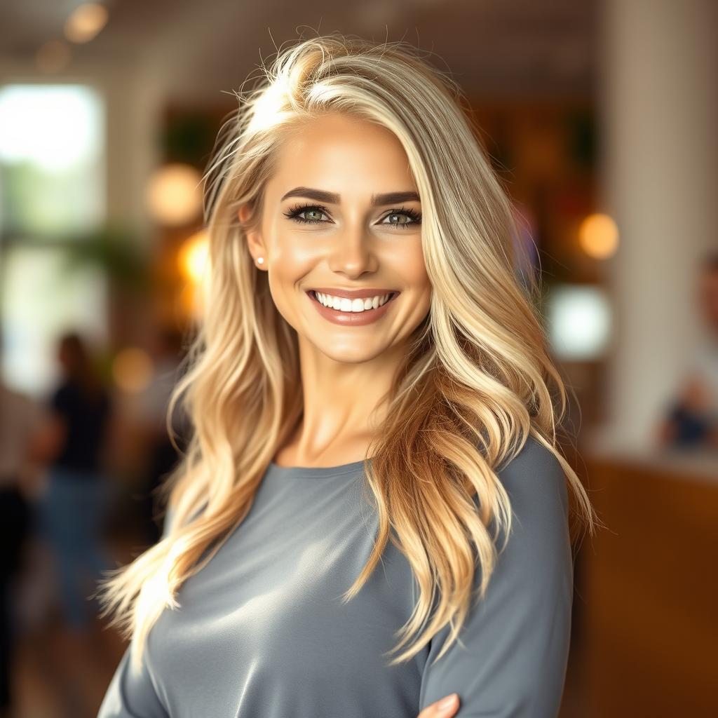 A radiant 35-year-old blonde woman with shining hair, standing confidently in a softly lit environment