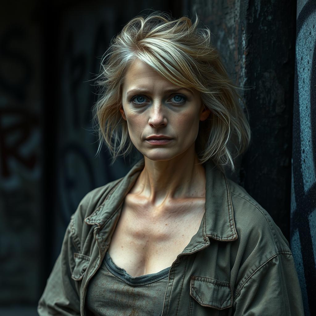 A 35-year-old blonde woman with a slightly disheveled appearance, wearing ragged clothes that hint at her impoverished circumstances