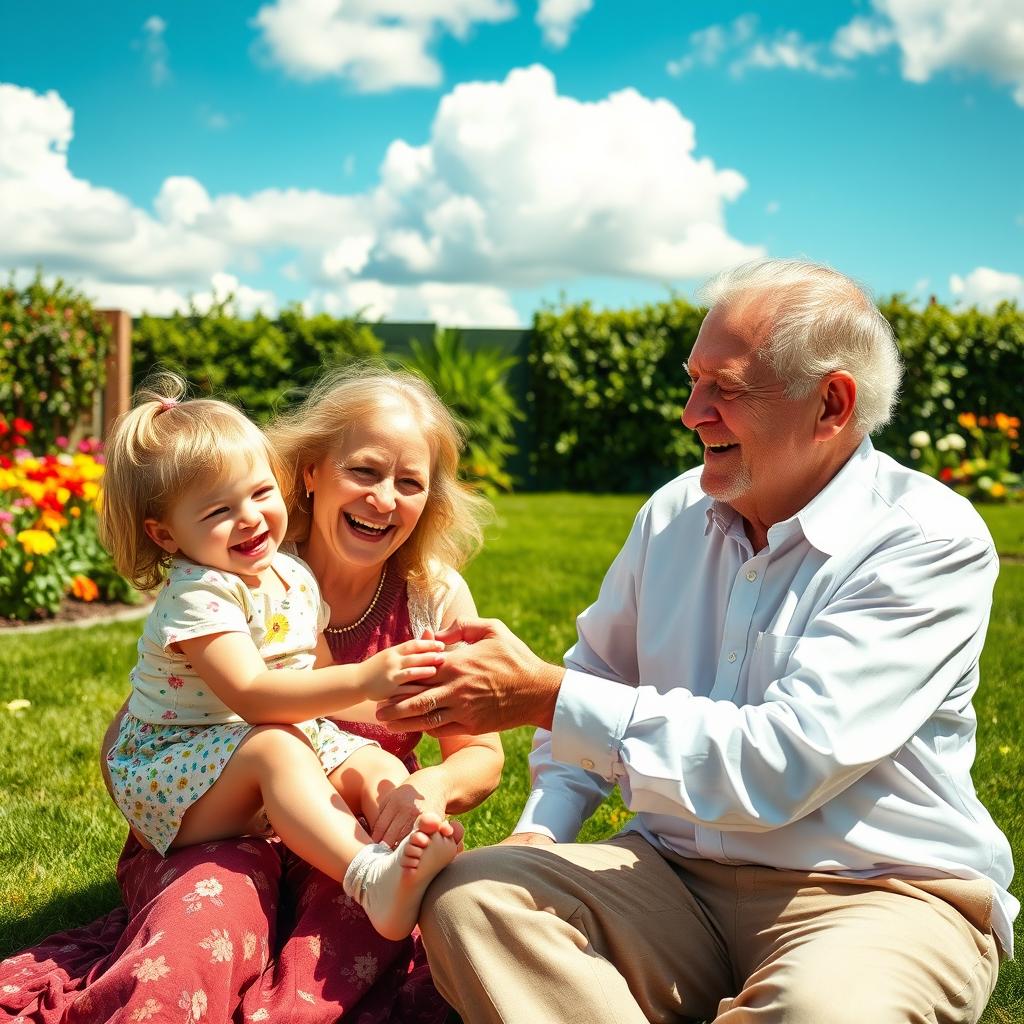 A heartwarming family gathering featuring two happy children playing joyfully with their loving grandparents