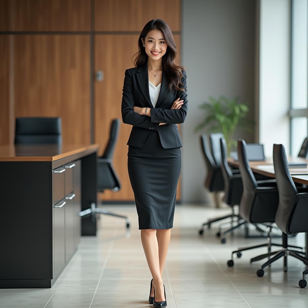 A full-body portrait of an attractive Chinese female secretary, exuding confidence and professionalism