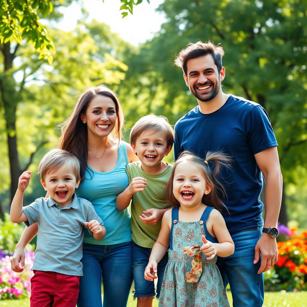 A heartwarming family portrait showcasing two loving parents with their two adorable children, all smiling together in a beautiful park setting