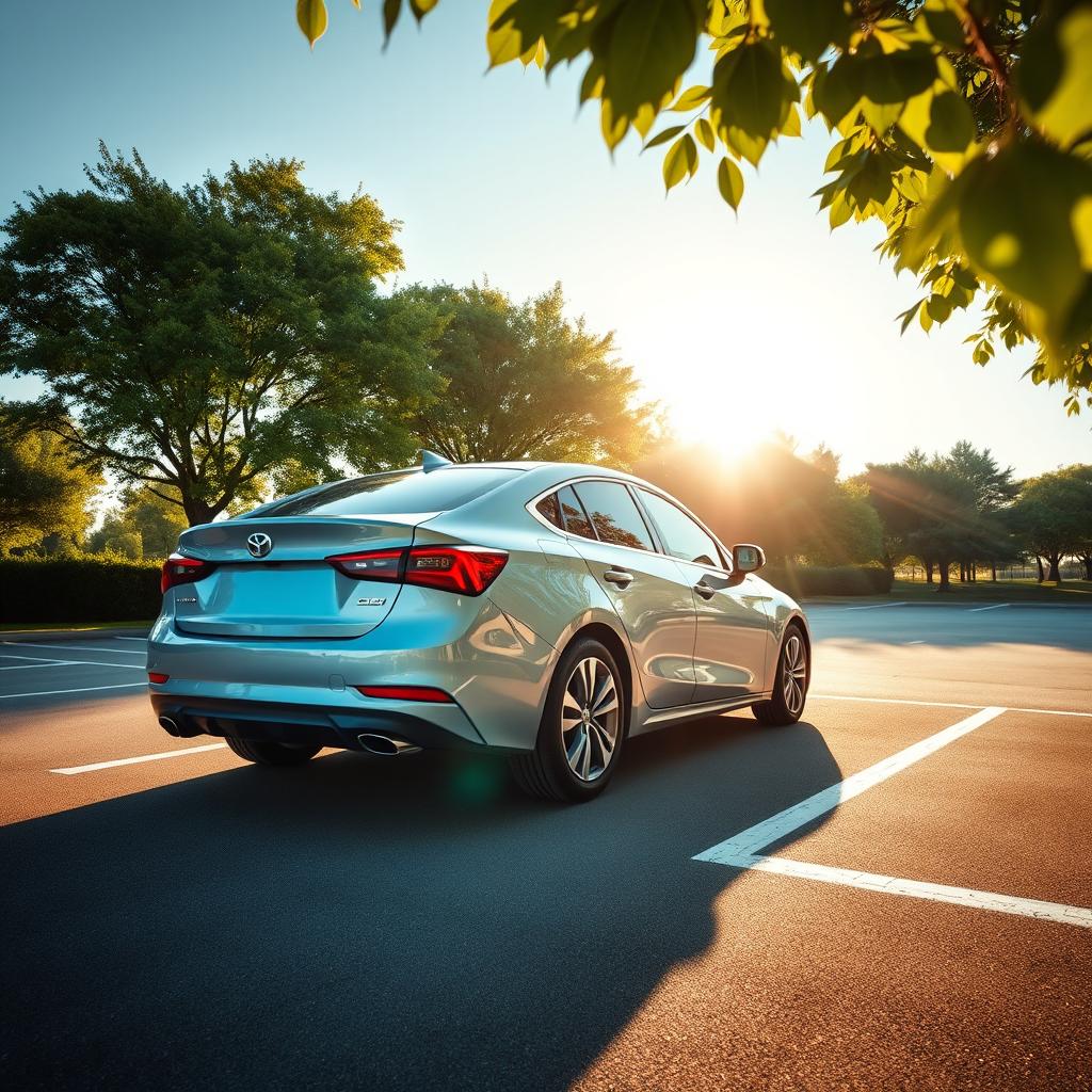 A vibrant scene featuring a modern car elegantly reverse parking into a spacious parking space