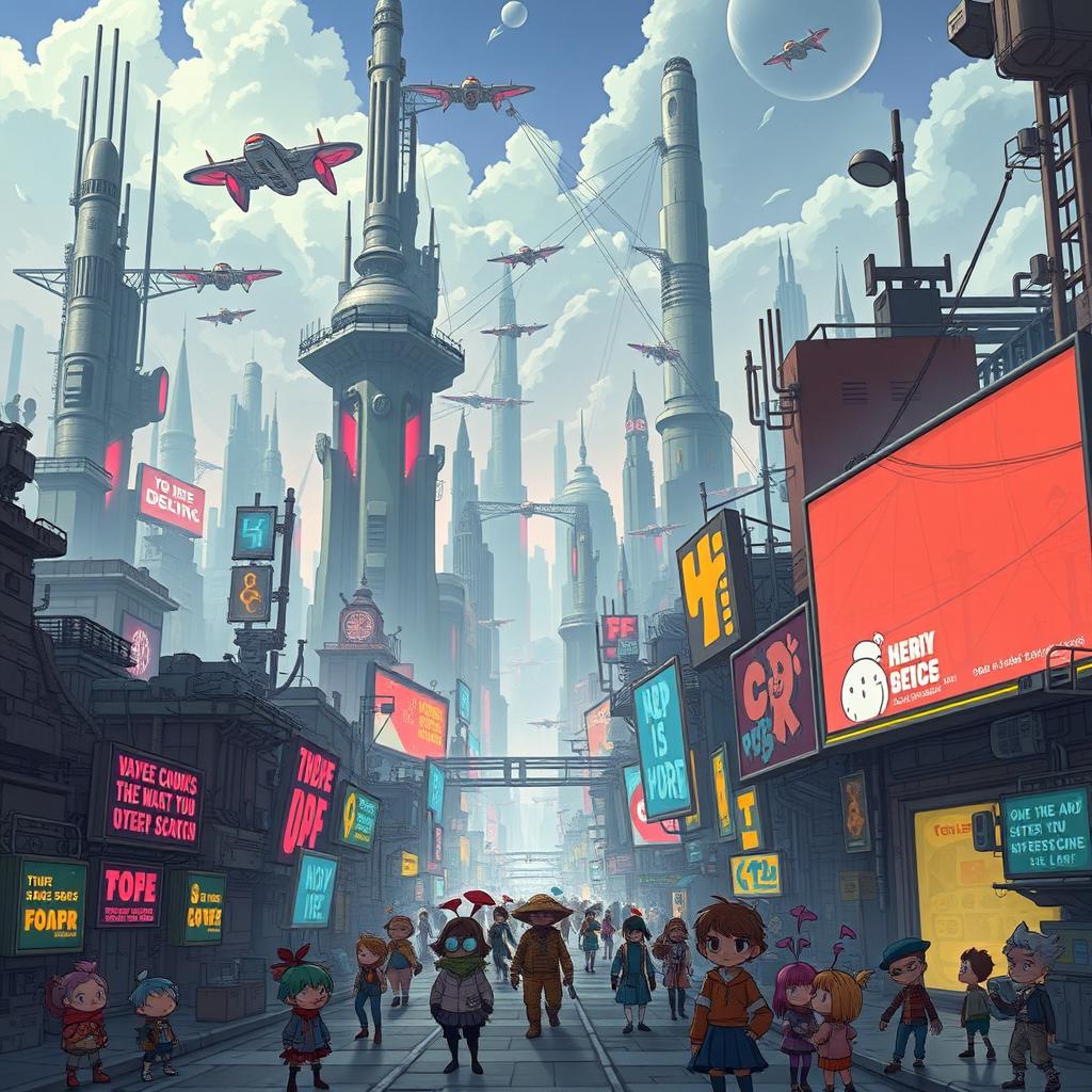 A vibrant and imaginative dystopian cartoon setting featuring a sprawling futuristic city shrouded in neon lights and towering skyscrapers
