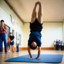 A young boy named Calister Youri passionately doing a one-handed handstand in a well-equipped gymnasium