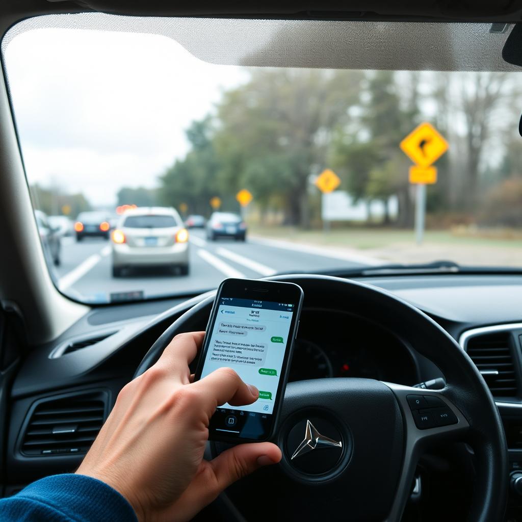 A driver's perspective inside a car focusing on a person using their smartphone while driving