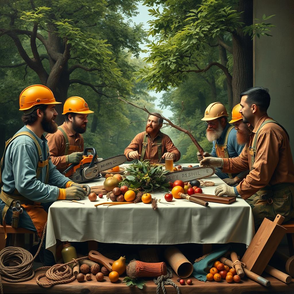 An artistic reinterpretation of 'The Last Supper' featuring a group of arborists instead of the traditional figures