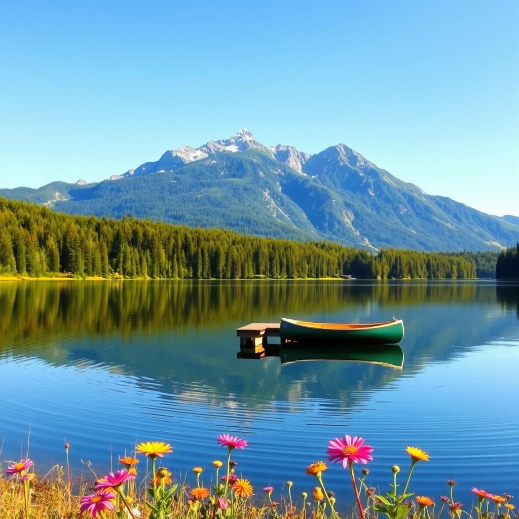 A serene landscape depicting a tranquil lake surrounded by lush green forests and majestic mountains under a clear blue sky