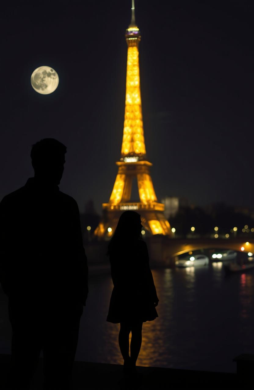Two silhouettes of a man and a girl against the backdrop of a night in Paris
