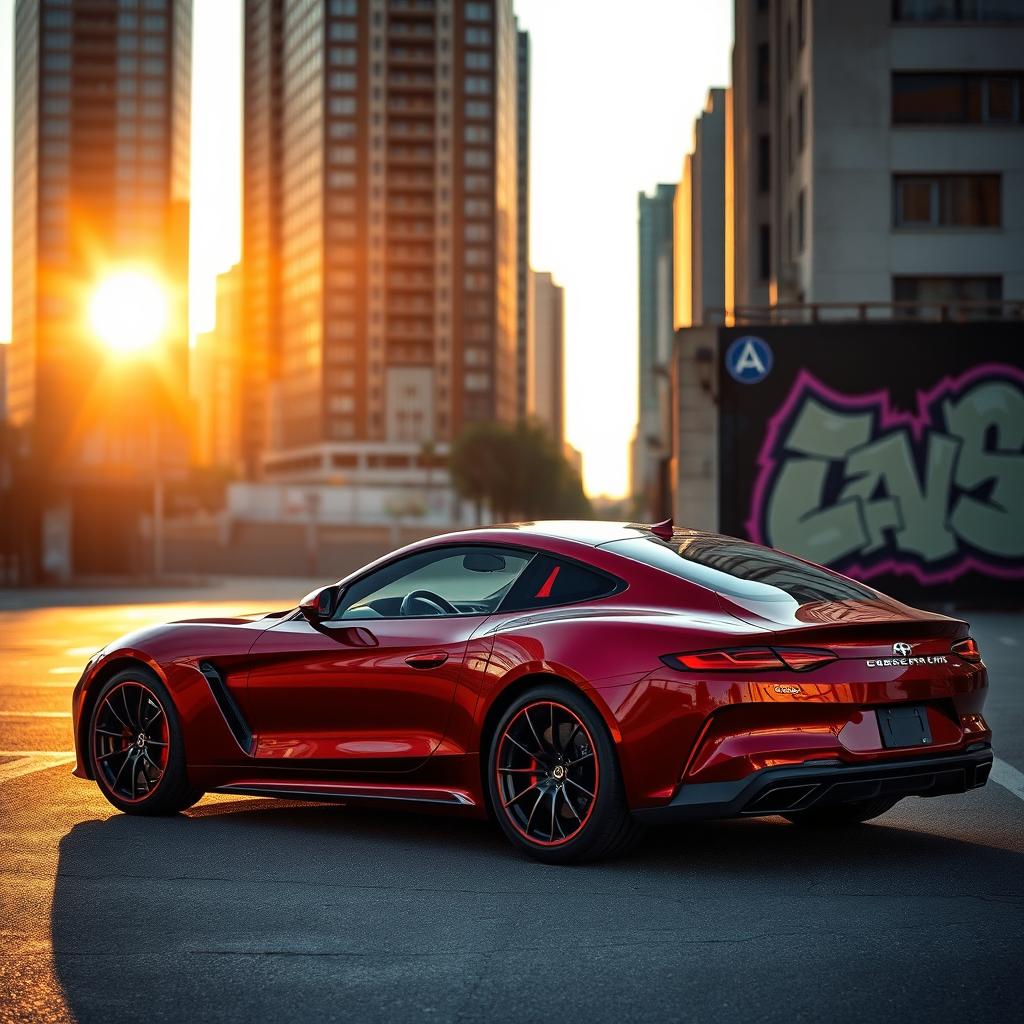 A stunningly detailed image of a sleek, modern car, parked in an urban setting during sunset