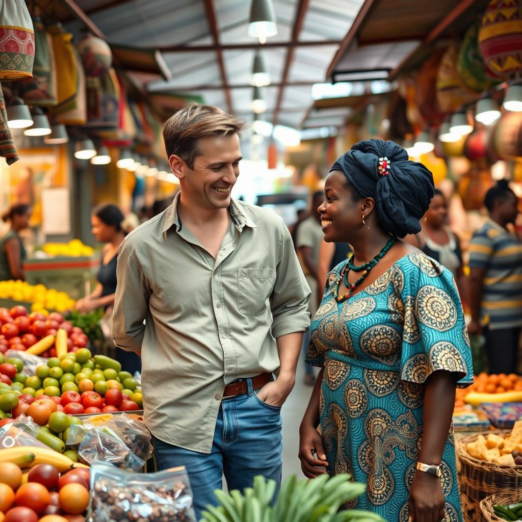 A vibrant market scene featuring a Caucasian man interacting joyfully with a black African lady surrounded by colorful stalls filled with fresh fruits, vegetables, and handmade crafts