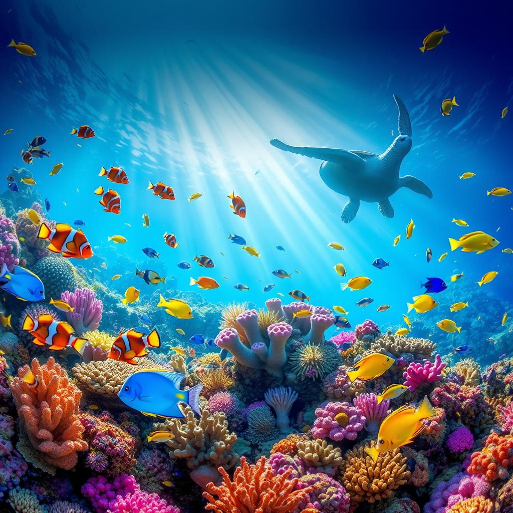 A vibrant and colorful underwater scene teeming with marine life, showcasing an array of tropical fish swimming gracefully among coral reefs, with shafts of sunlight filtering through the surface of the water