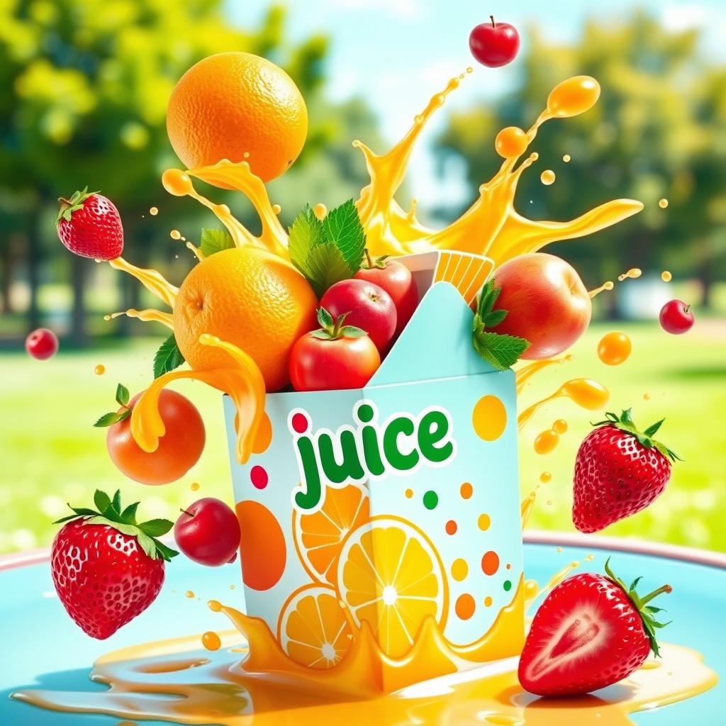 A colorful juice box with fruits bursting out of it, showcasing a lively explosion of oranges, apples, and strawberries