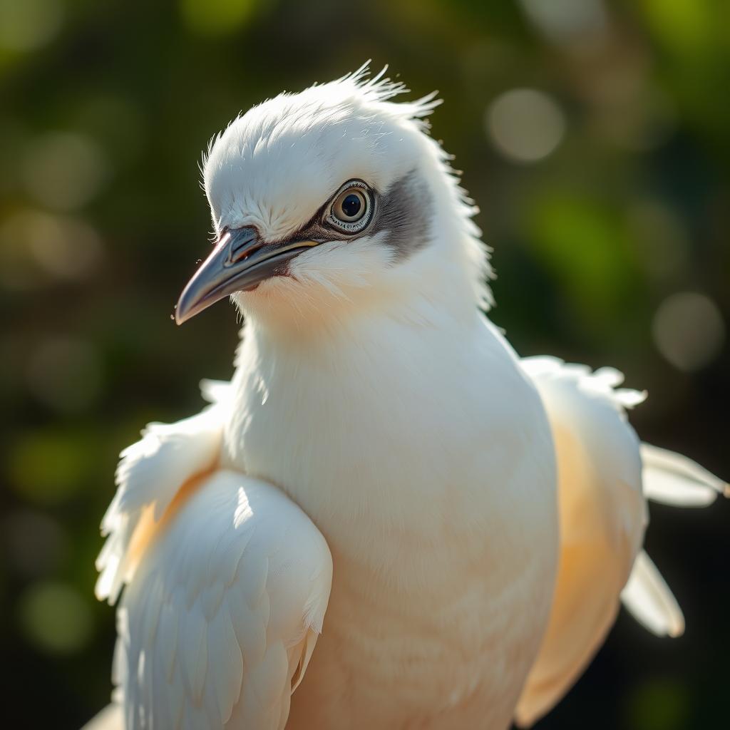 A disabled white bird named Luna with soft, feathery wings that are too weak to fly, showcasing her unique beauty and resilience
