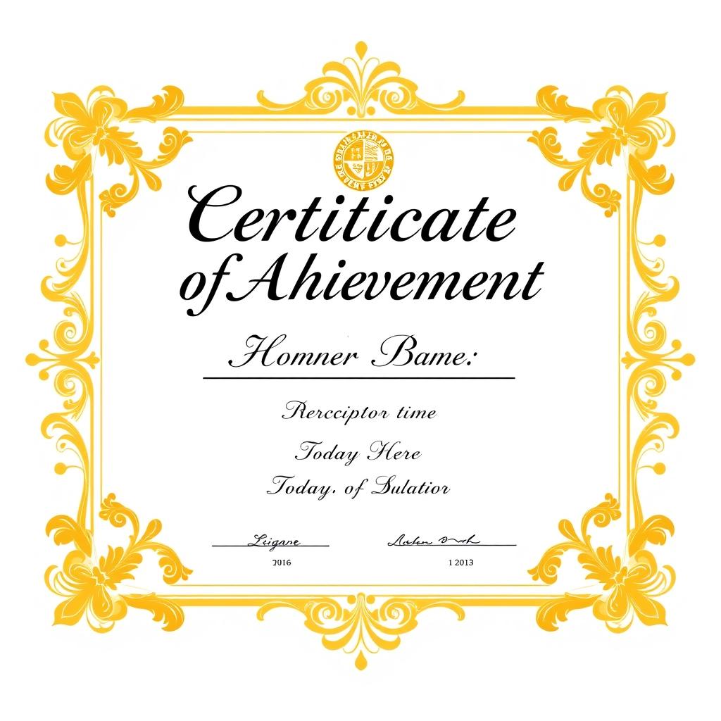 A beautifully designed certificate featuring a golden border, elegant script font for the title 'Certificate of Achievement', with ornate decorative elements in the corners