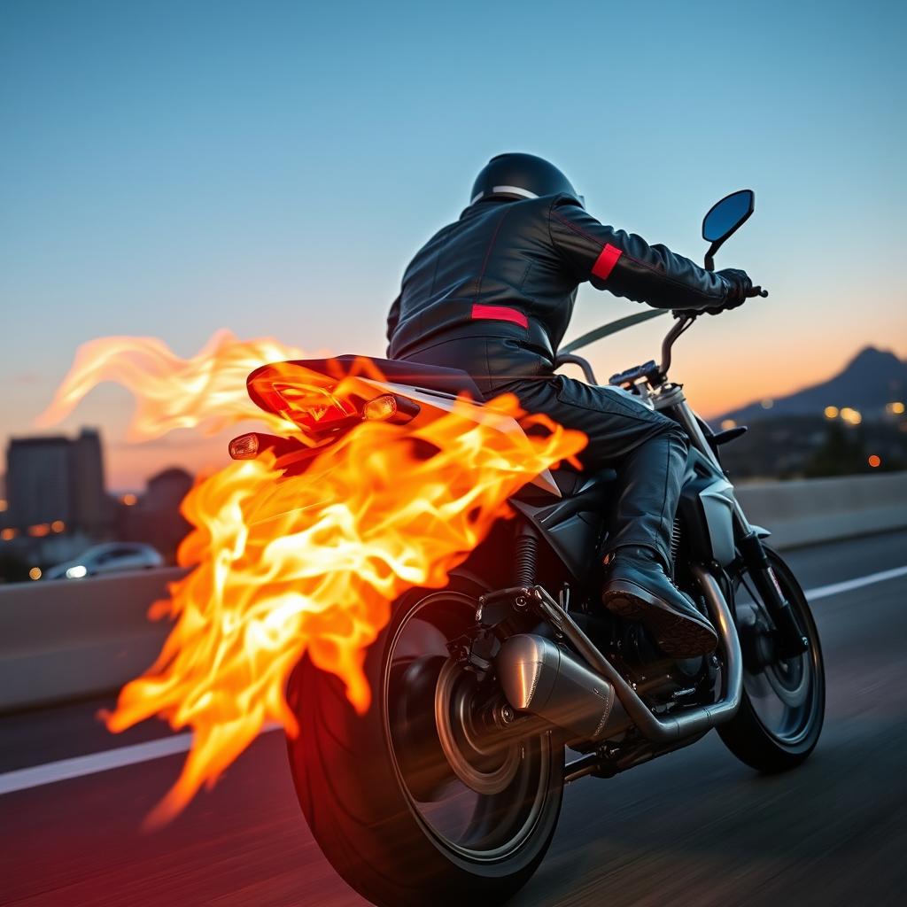 A powerful motorcycle revving up, with a roaring engine and a dramatic escape