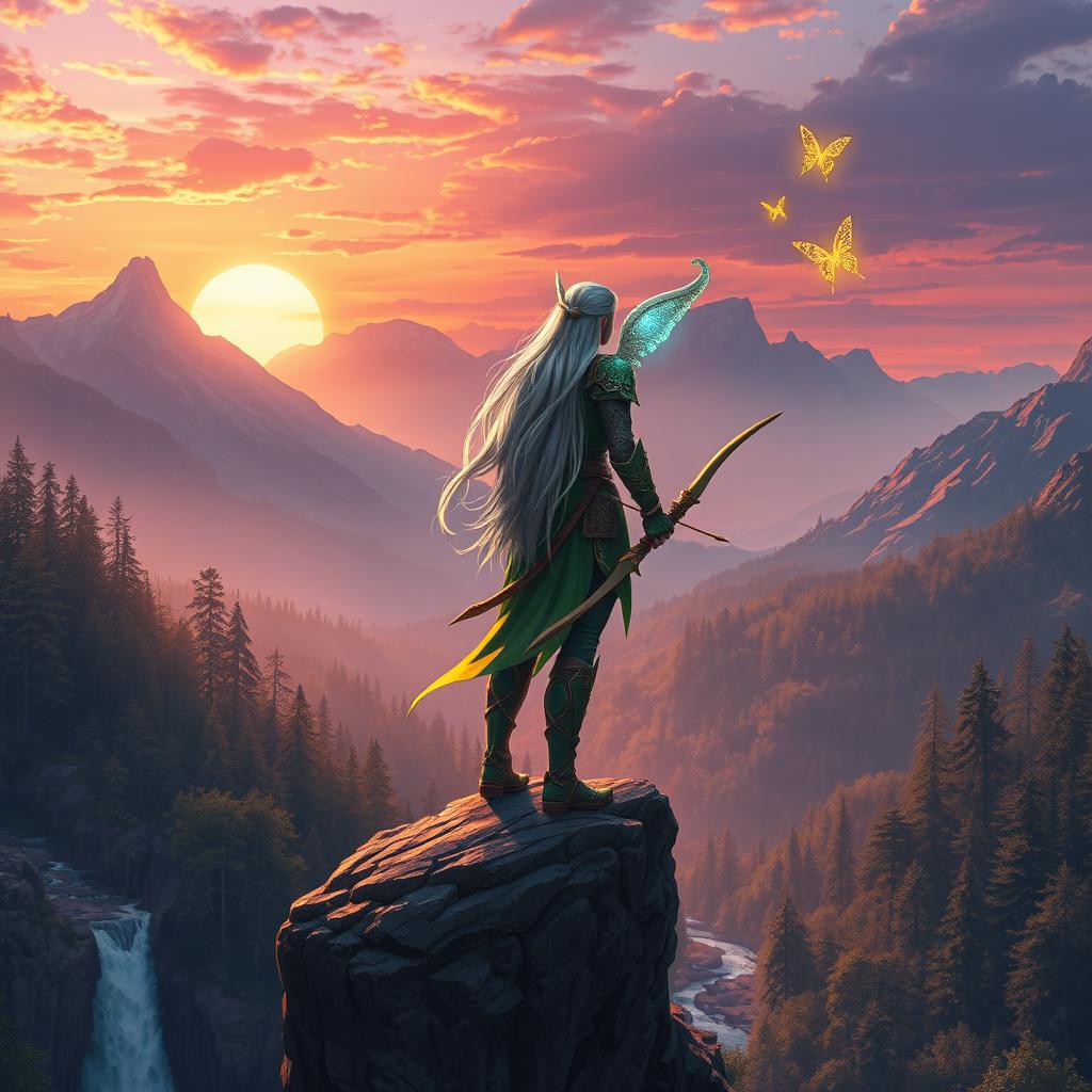 A fantasy scene depicting an elven warrior standing tall on a cliff overlooking a mystical forest at sunset