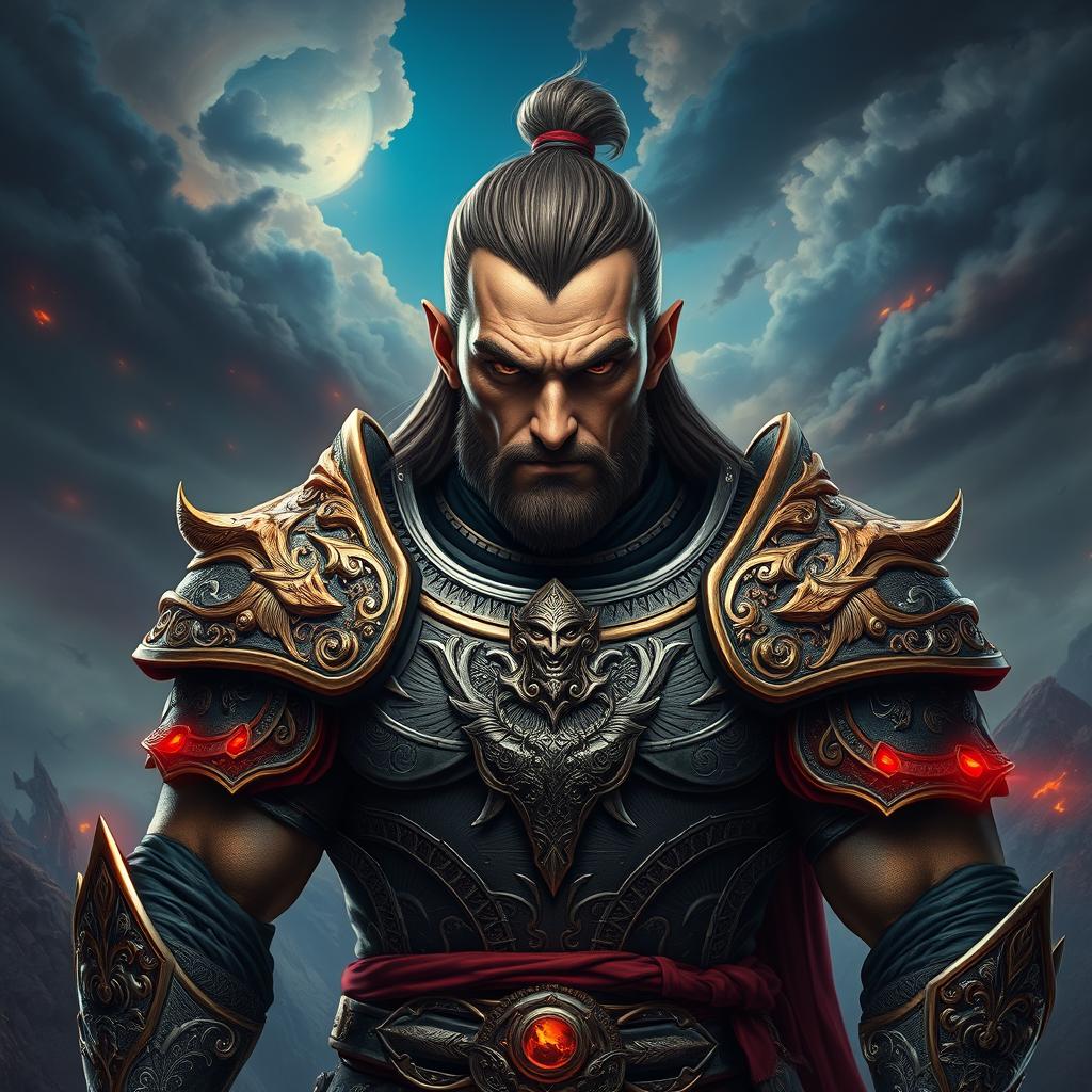 A vibrant portrait of a powerful warrior, featuring a strong and confident pose