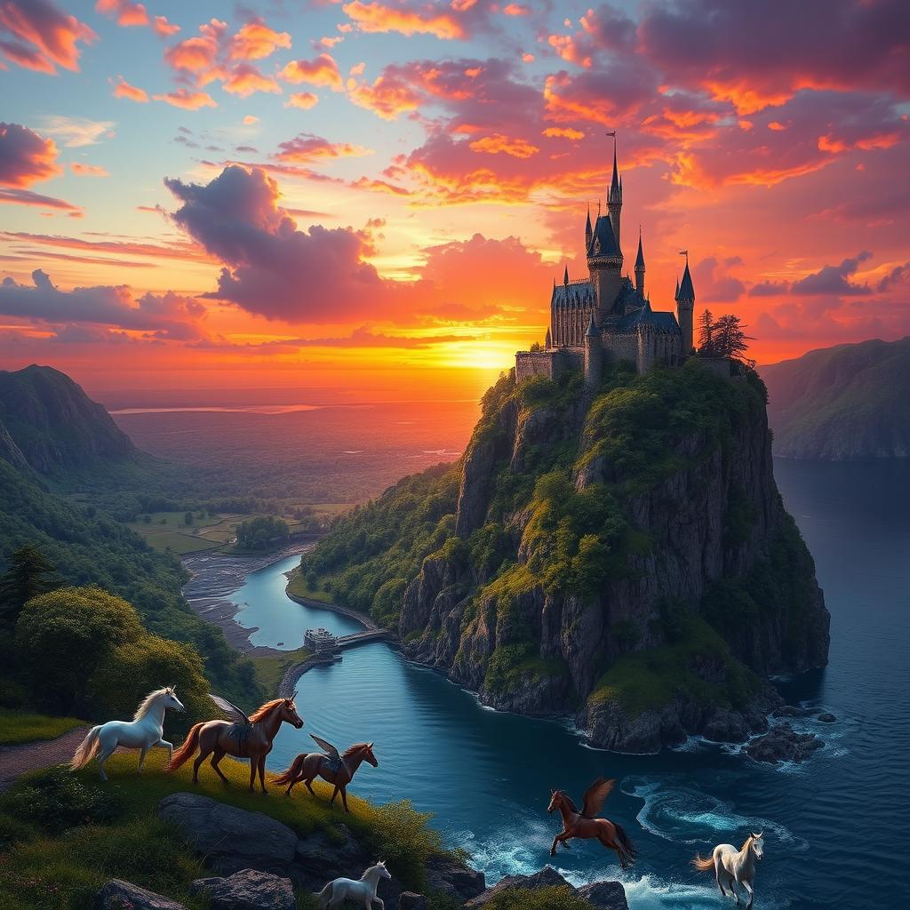 A stunning fantasy landscape featuring a majestic castle on a cliff overlooking a vast, serene ocean