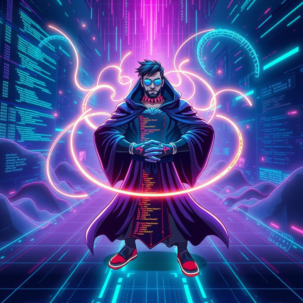 A dynamic and visually striking image that illustrates the concept of 'Domain Expansion' merged with programming themes