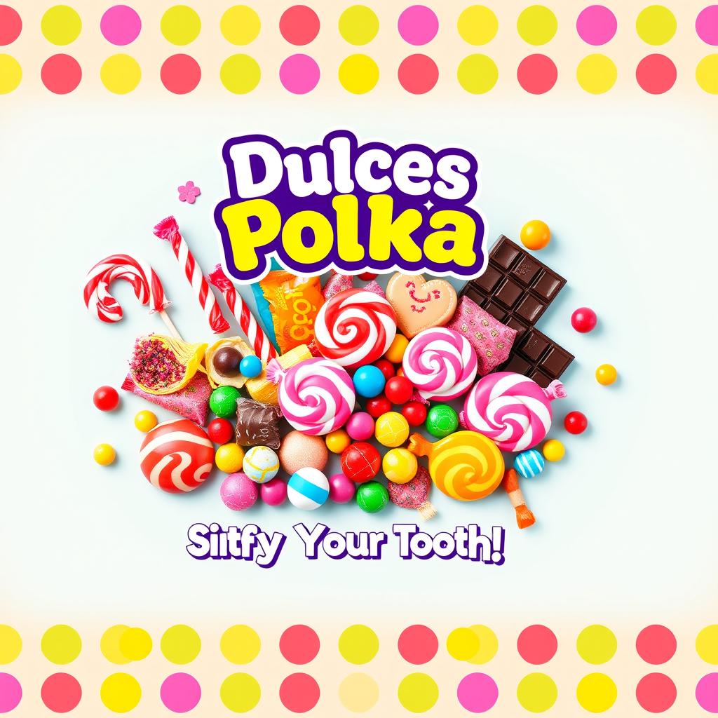 A vibrant promotional poster for a fictional candy brand called 'Dulces Polka'