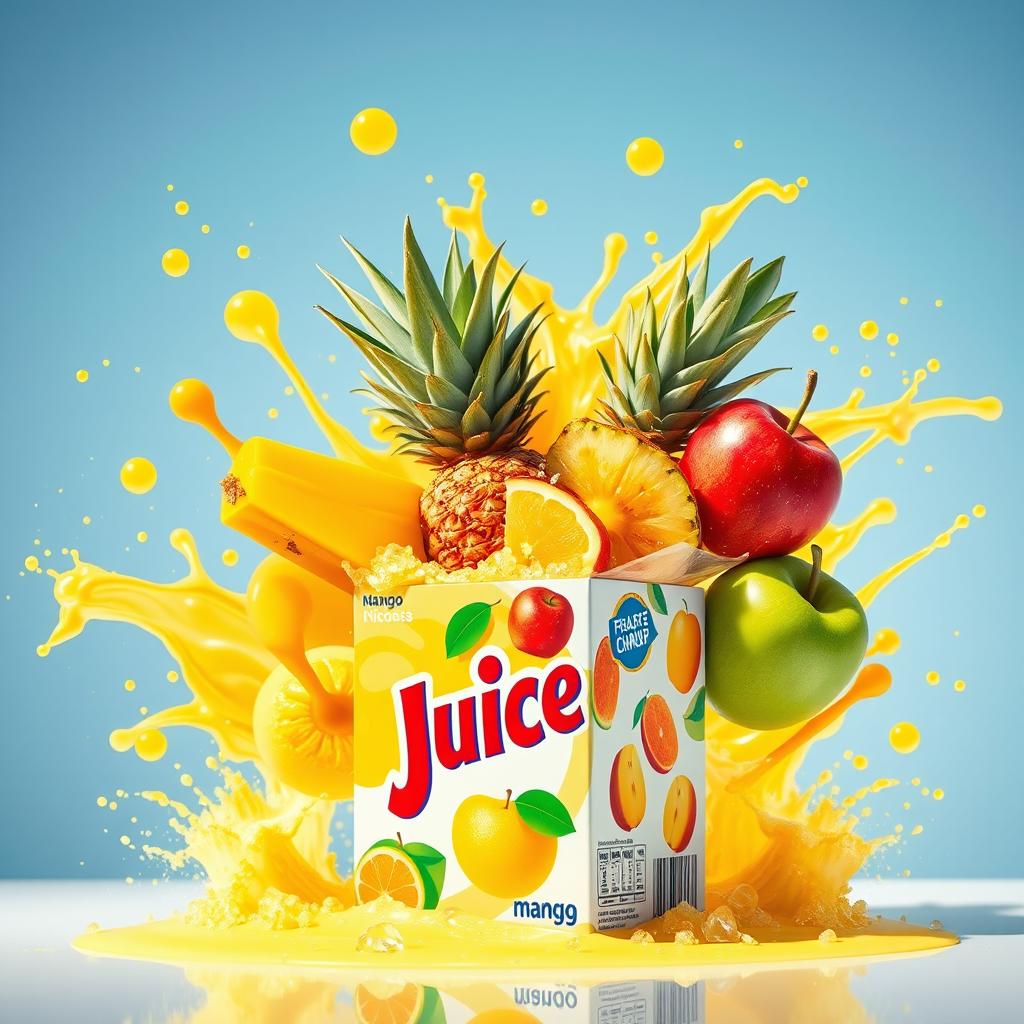 A colorful juice box with mango, pineapple, and apple fruits bursting out of it, showcasing a vibrant explosion of these fresh fruits