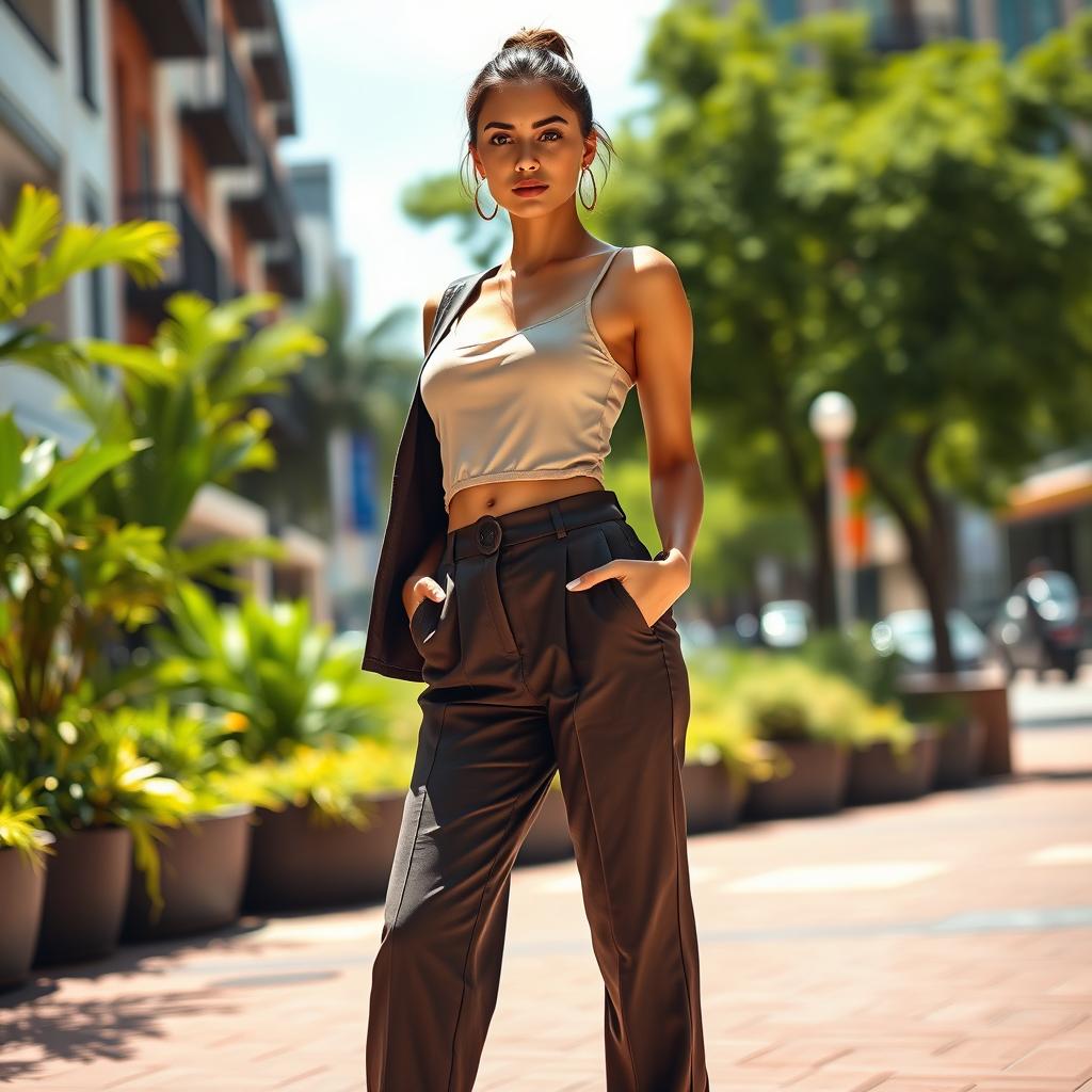 A stunning female figure in a fashionable outfit, featuring a stylish top paired with sophisticated high-waisted trousers that resemble the second image's design