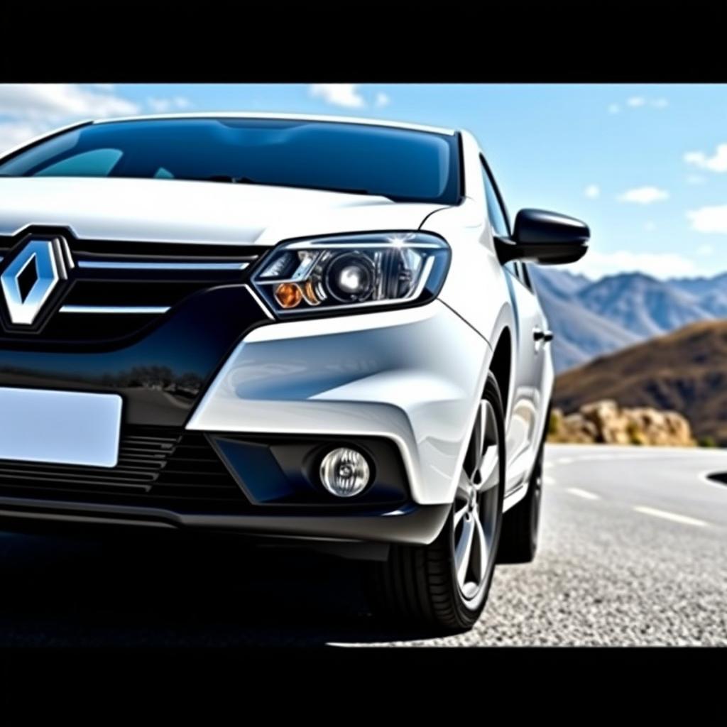A detailed view of a Renault Logan car, showcasing its sleek, modern design and distinctive features