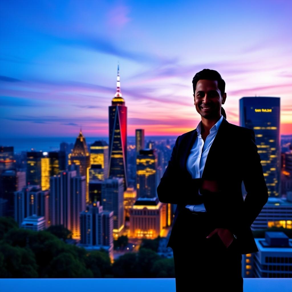 A professional LinkedIn banner that showcases a vibrant city skyline at dusk, with skyscrapers illuminated by soft lights, featuring a blend of modern architecture and greenery