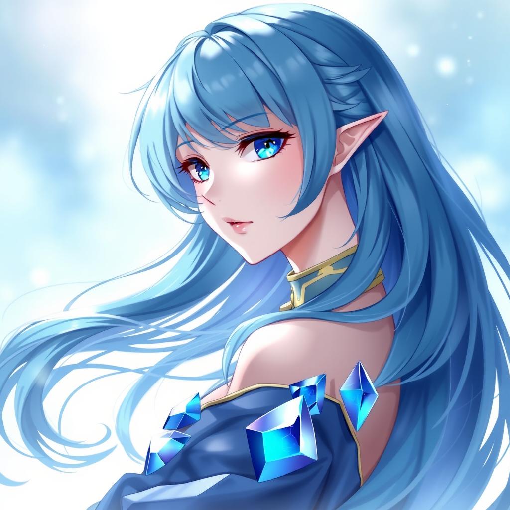 A stunningly detailed character portrait of Lápis Lazulli from Houseki no Kuni, featuring her striking blue hair that flows elegantly over her shoulders