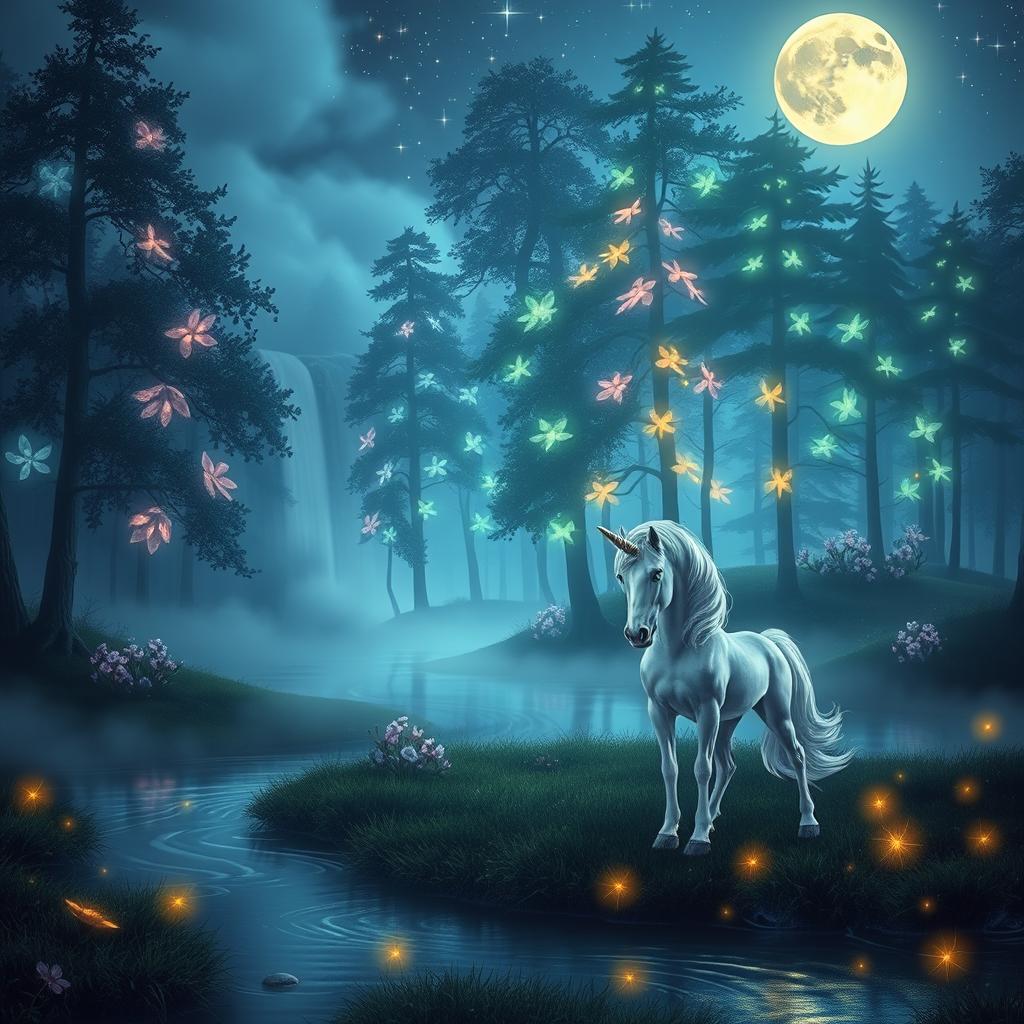 A serene and mystical landscape featuring an enchanted forest glowing softly under a full moon at night, surrounded by softly flowing water streams with gentle ripples
