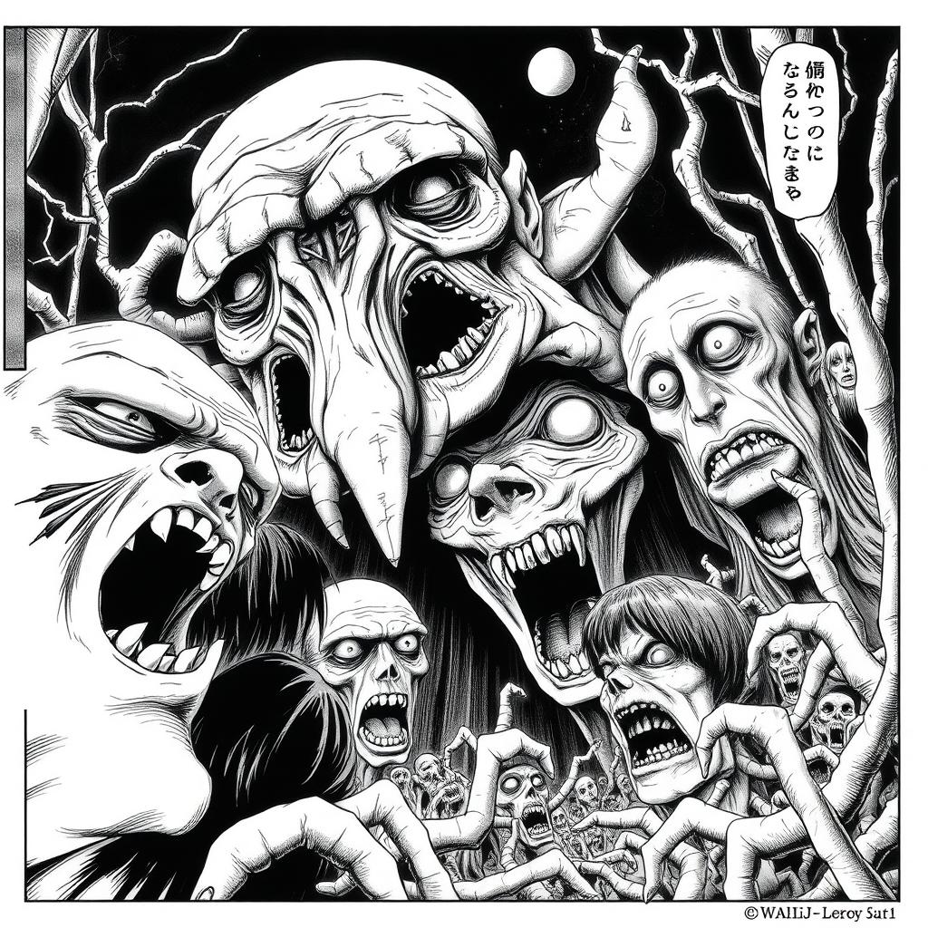 A manga panel in the distinct horror art style of Junji Ito, featuring intricate black and white illustrations