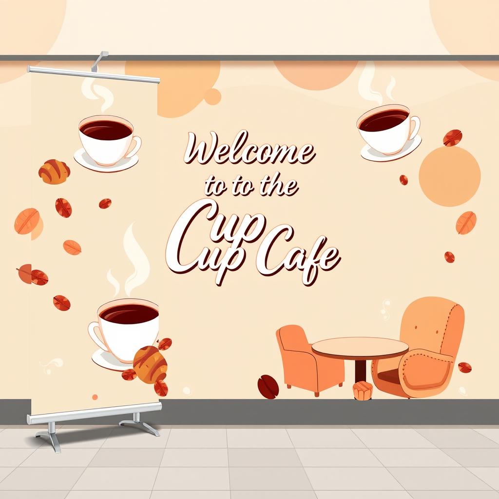 A vibrant and eye-catching tarpaulin design for a coffee shop advertising the 'Cup Cafe', featuring an illustration of steaming coffee cups, freshly baked pastries, and cozy seating arrangements