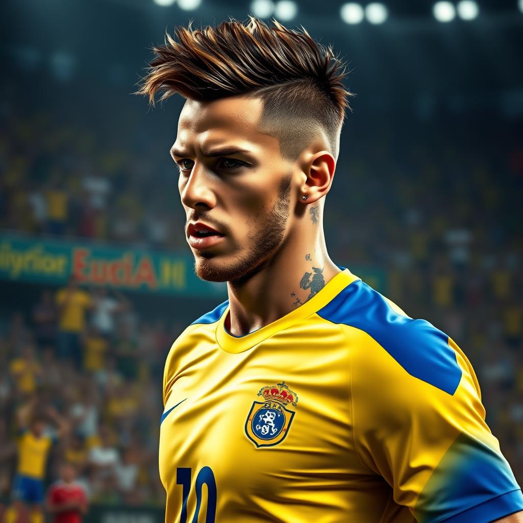 A highly realistic portrait of a male soccer player resembling Neymar, showcasing his signature hairstyle and tattoos